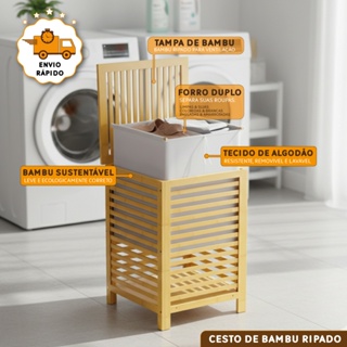 Cesto De Roupa Suja Bambu Ripado Tampa Natural Com Forro Duplo Removível Lavável 120 Litros em Oferta na Shopee