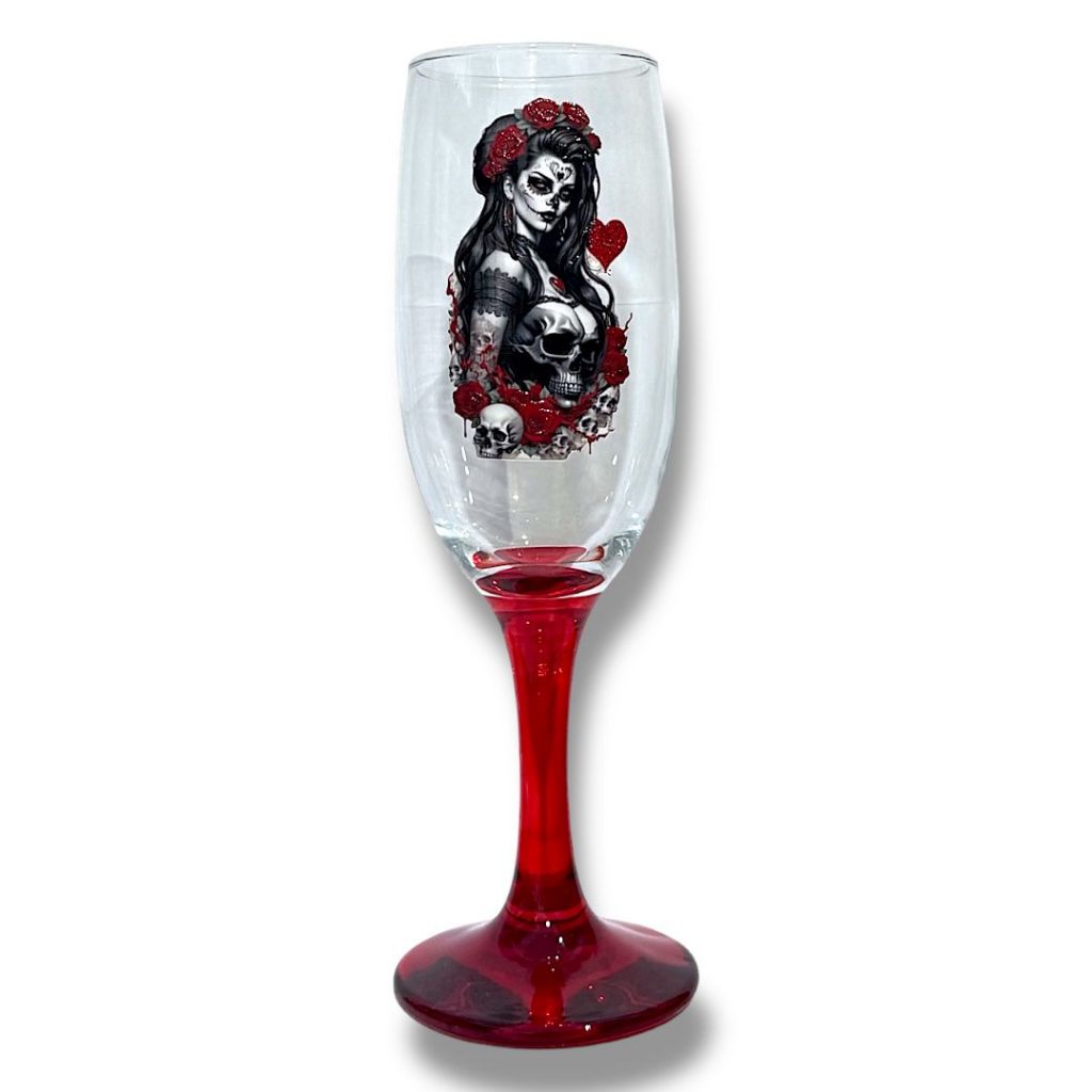 Taça Pomba Gira Rosa Caveira Vermelha Vidro Luxo 180 Ml Vermelho vidro resistente