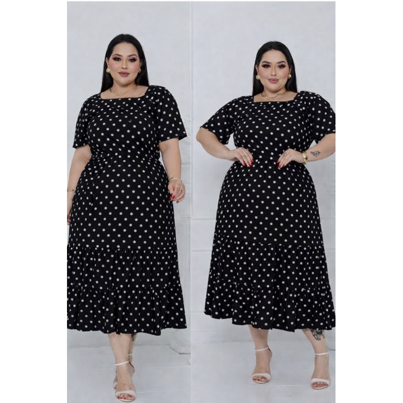 vestido midi Poa em viscolinho com forro plus size em Oferta na Shopee