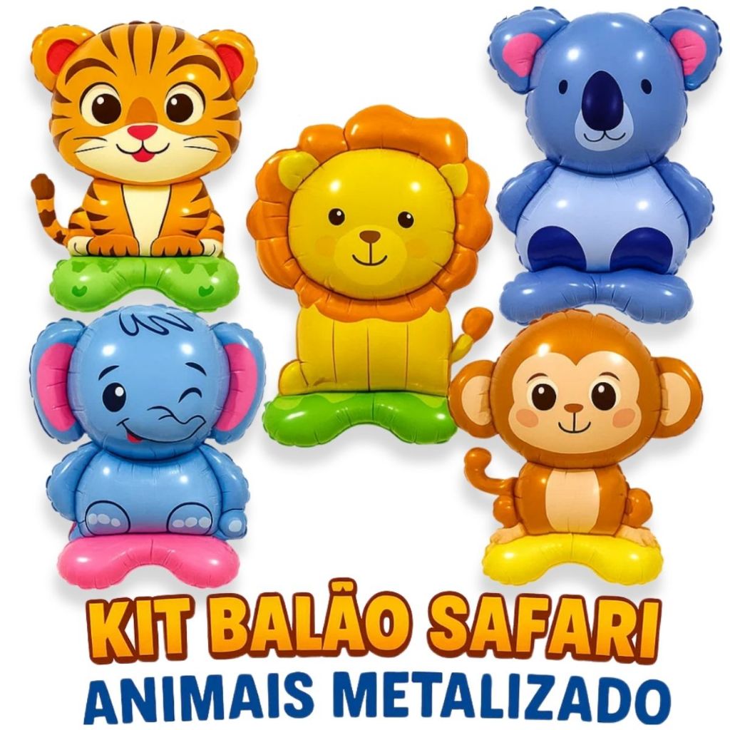 Kit Balão Safari Animais Metalizado Base Centro Mesa Leão/Tigre/Coala/Macaco/Elefante Premium