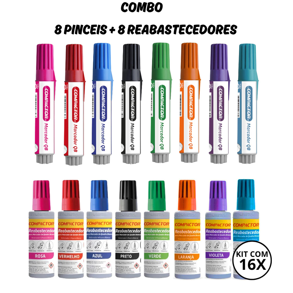 Marcadores de Quadro Branco Recarregáveis 8 Cores + Reabastecedores Compactor Professores em Oferta na Shopee