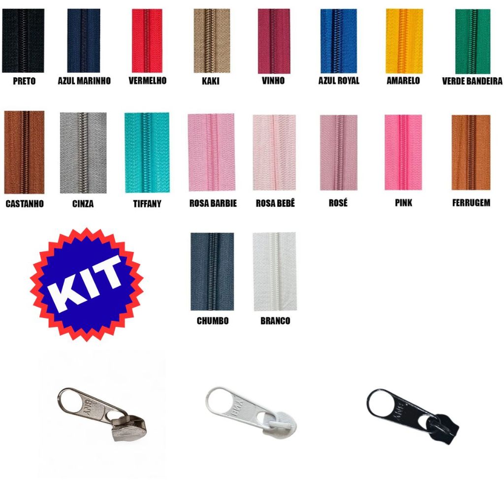 Kit Zíper N°5 e Cursor - 5 Metros + 15 Cursores Ideal para Bolsas Mochilas Artesanatos em Geral em Oferta na Shopee