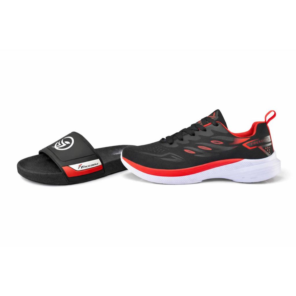 KIT Tenis Masculino Escolar Academia Original FREEDOM Corrida Caminhada Mais Vendido PRETO VERMELHO + CHINELO