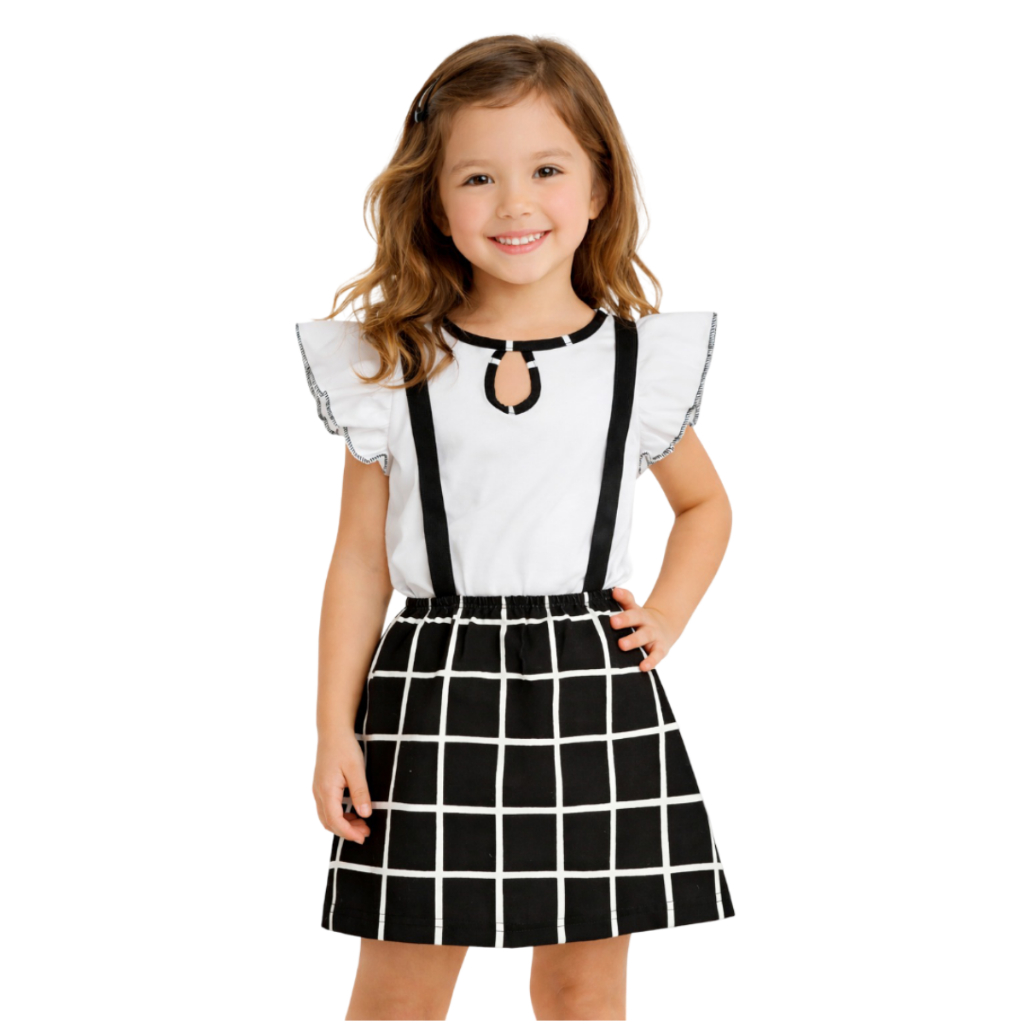 Conjunto Infantil Menina Blusa e Salopete Xadrez