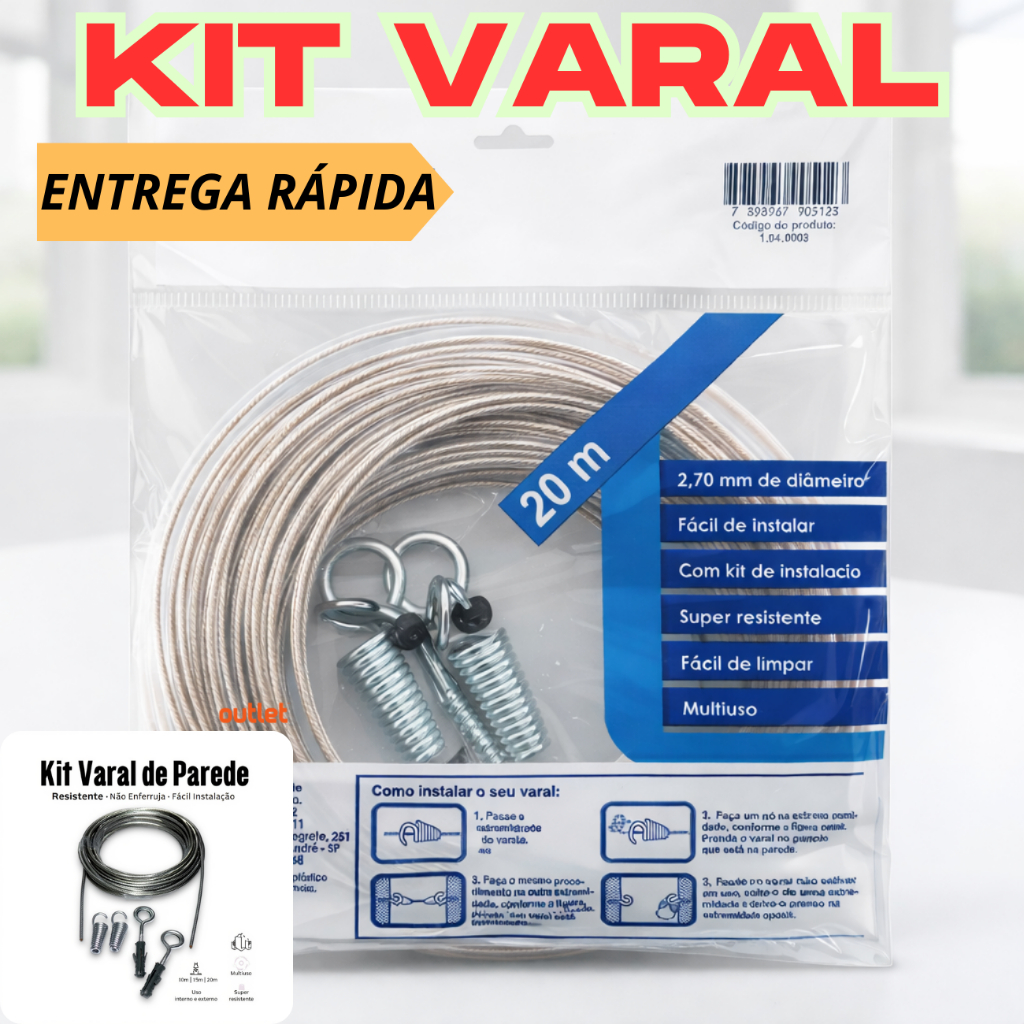 Varal de Parede Em Aço Revestido PVC Com Kit Instalação Cabo De Aço Encapado 4mm com Gancho e Clips Varios Tamanhos