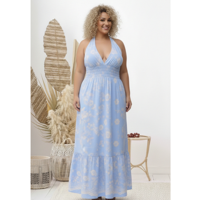 Vestido Longo Plus Size Maxi Halter Floral – Tecido Premium Confort – Do 46 ao 50