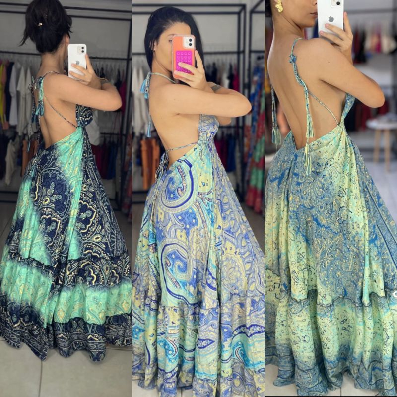 Vestido Indiano Importado de Seda - Tons de Azul | Tam. único em Oferta na Shopee