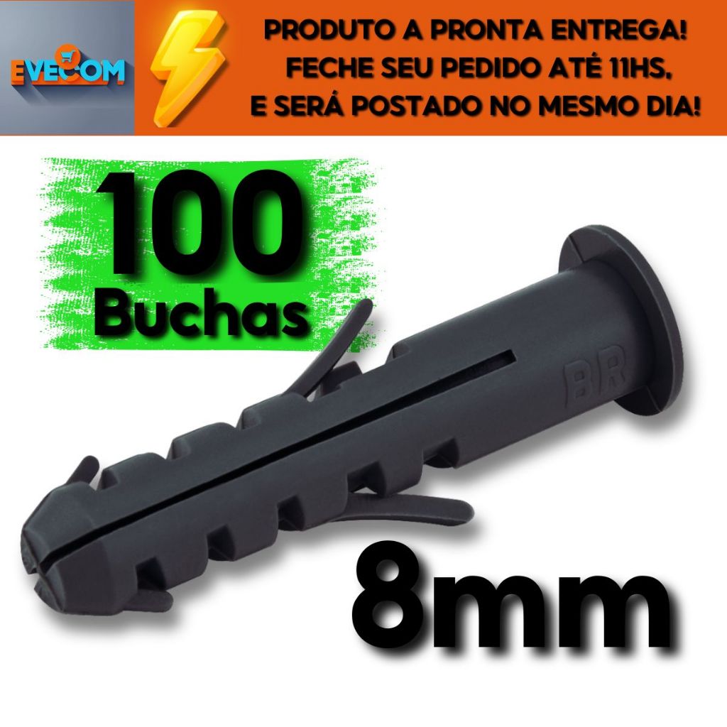 100 Peças Buchas 08mm de Fixação com Anel Para Concreto Parede Alvenaria Armarios Cantoneiras