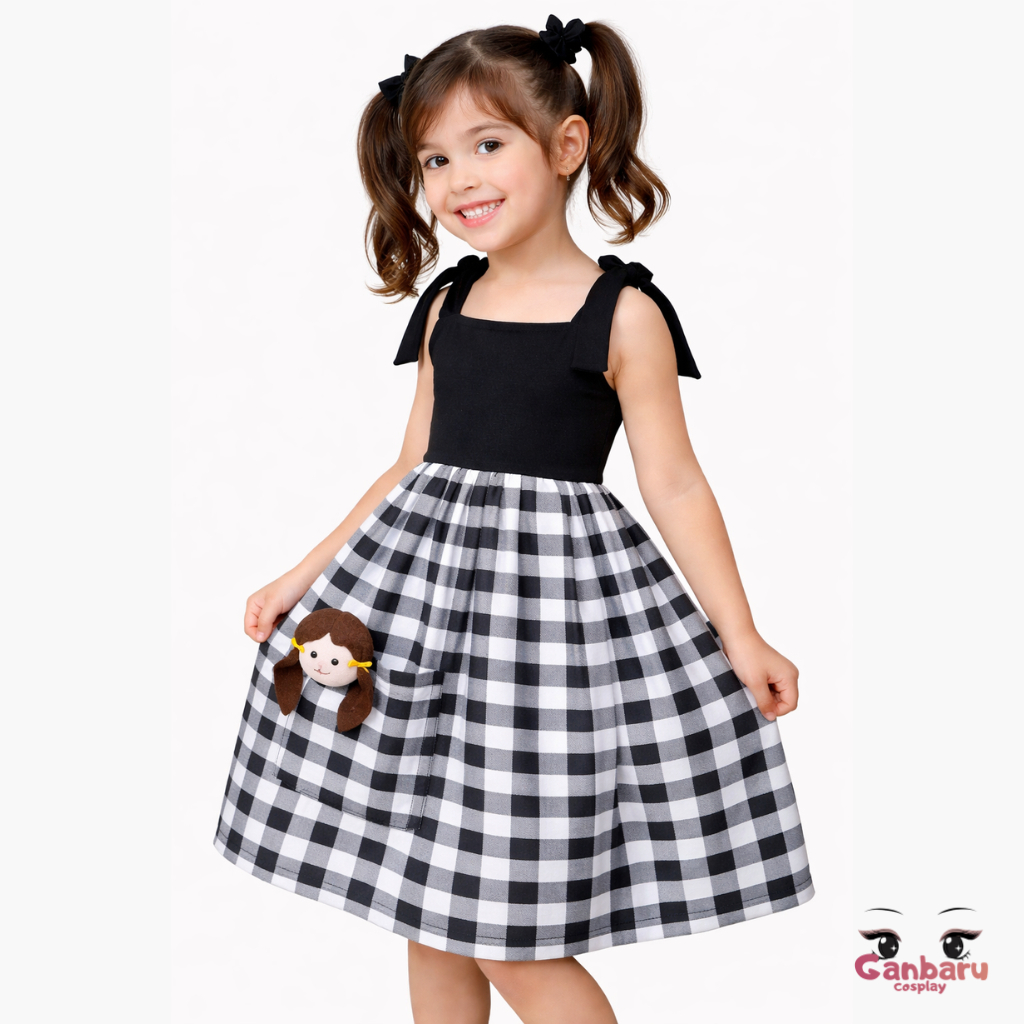 Vestido Infantil Xadrez Vermelho com Laços e Bonequinha Aplicada