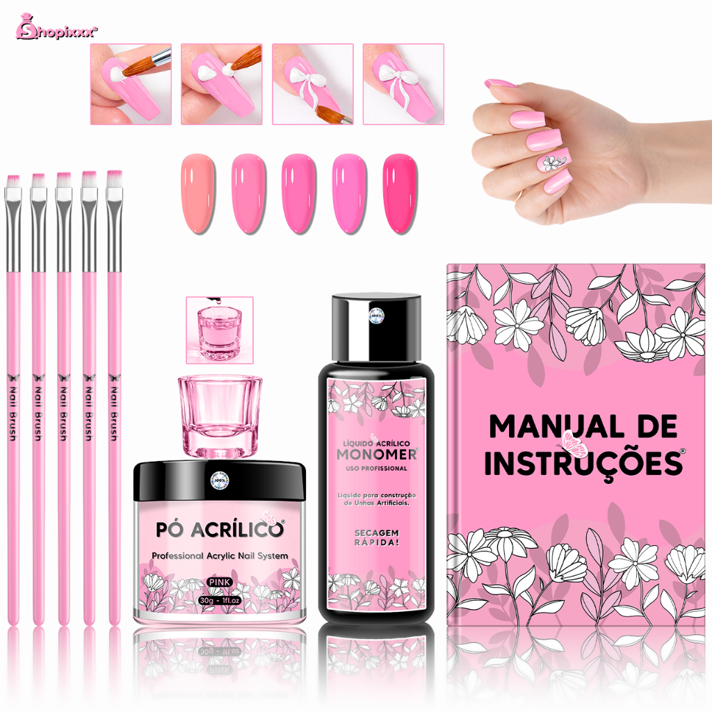 Kit Alongamento de Unhas Manicure Monomer Acrylic Liquid + Pó Acrílico + 5 Pincéis + Copo Dappen em Oferta na Shopee