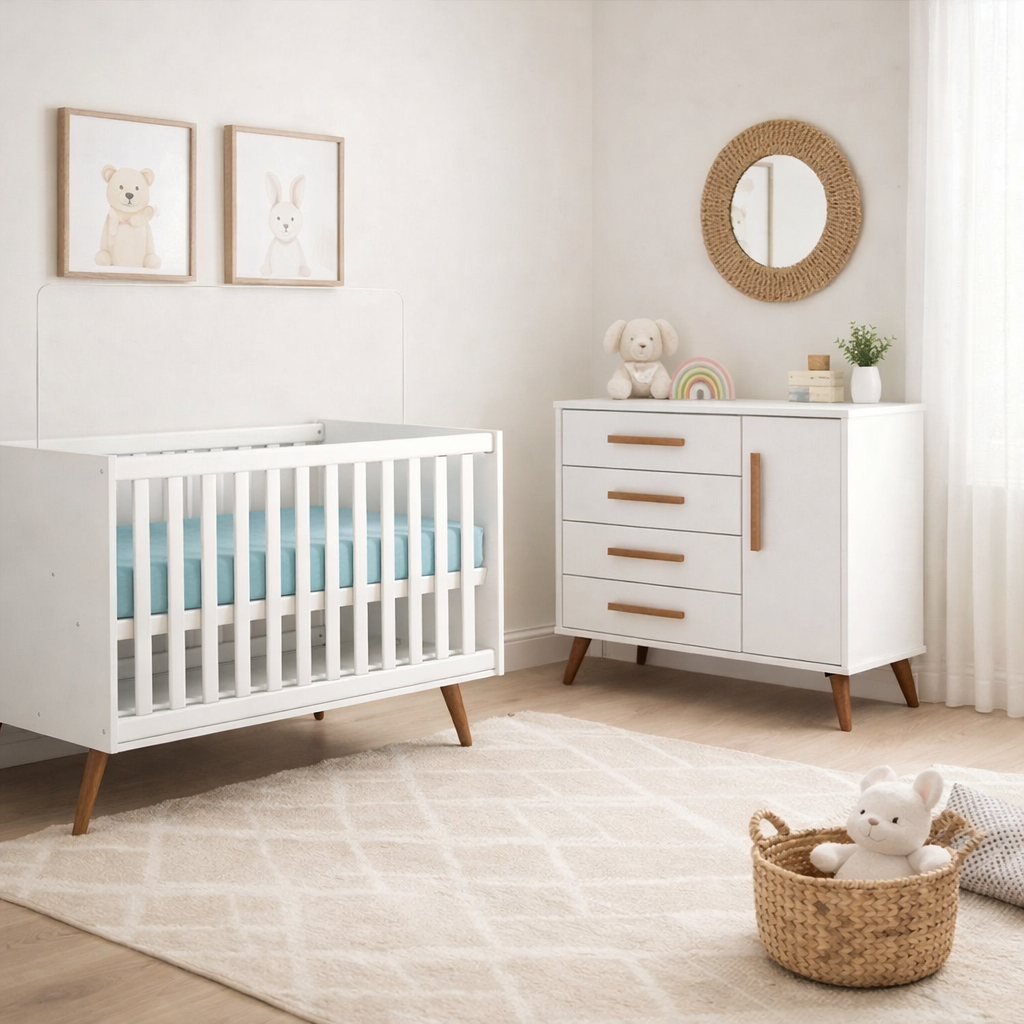 Quarto Bebê Infantil Q Encanto Berço Vira Cama e Comoda Sapateira 1 Portas 4 Gavetas Retrô Qmovi