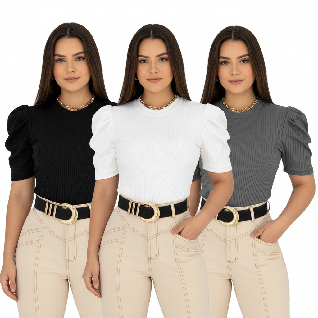 Blusa Feminina Bufante Manga Princesa Canelado liso Basico Confortavel Verão