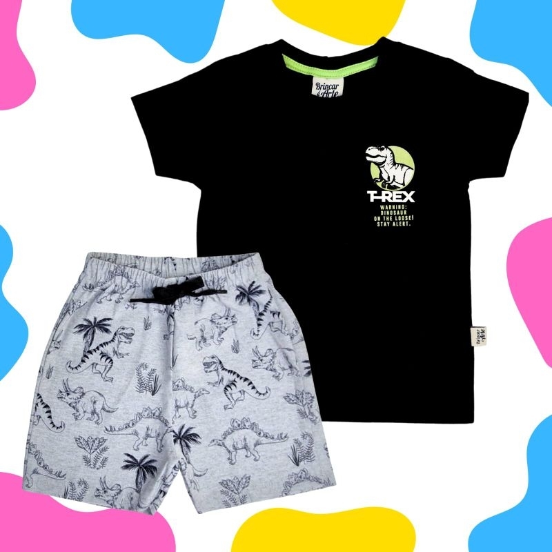 Conjunto Infantil Dinossauro Camiseta e Bermuda.