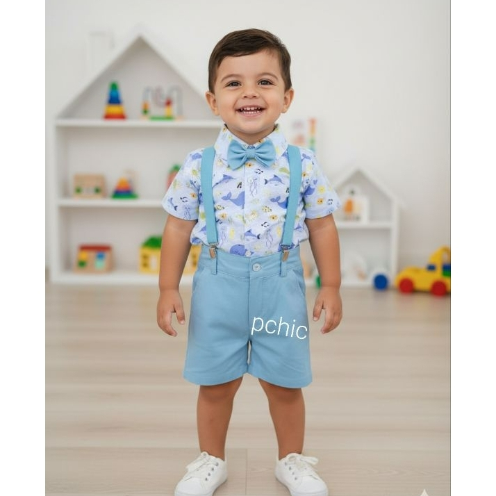 Conjunto Infantil Fundo do Mar Modelo Curto Longo Aniversario Tricoline 4 Peças Camisa Bermuda Suspensório e Gravata em Oferta na Shopee