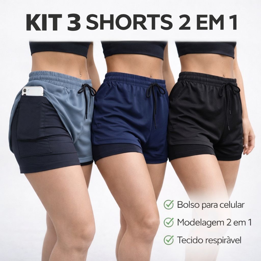 Kit 3 Shorts compressão 2 em 1 Feminino para academia caminhadas e corrida Fitness Bermuda Dry fit