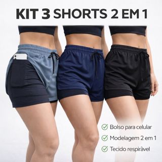 Kit 3 Shorts compressão 2 em 1 Feminino para academia caminhadas e corrida Fitness Bermuda Dry fit em Oferta na Shopee