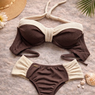 Biquini Plus Size Marrom off Bege Meia Taça Com Calcinha Tanga Borboleta Com Bojo em Oferta na Shopee