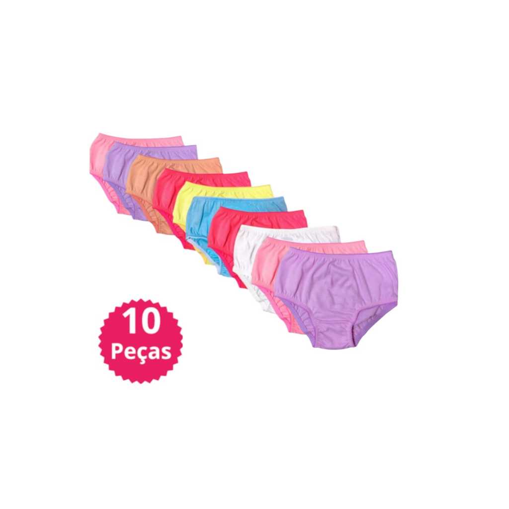 Kit com10 Calcinhas Infantil Meninas 100% Algodão lisas cores sortidas e com forro para mais conforto