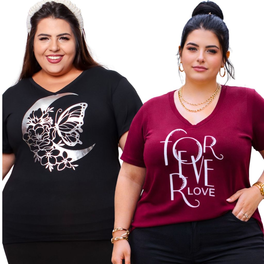 KIT 2 OU 1 UNIDADE Blusa Plus Size Feminina Decote V Tecido Viscolycra GG ao G2 Pluz Curve em Oferta na Shopee