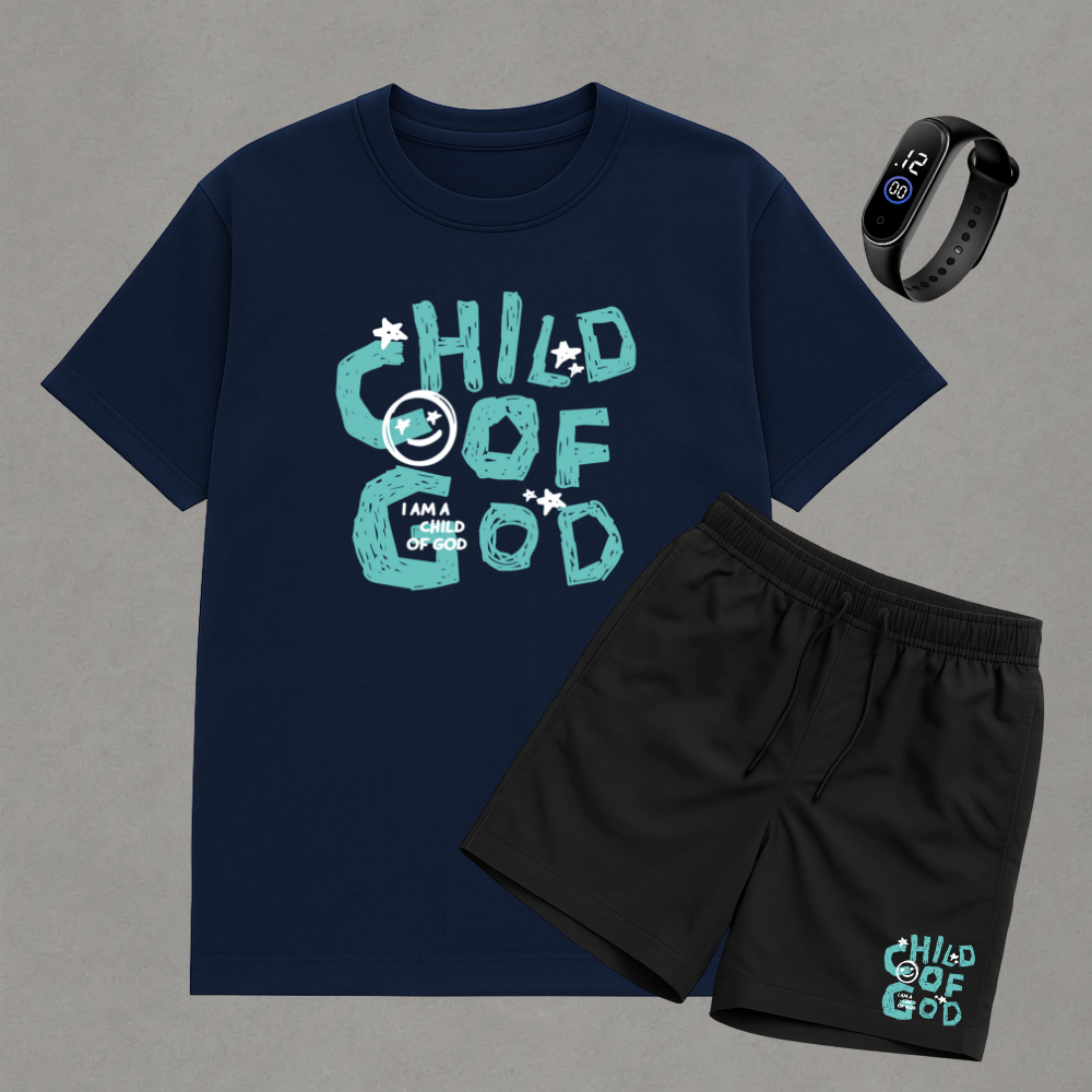 Kit Camiseta Algodão Bermuda Short Estampada Child Of Good Cristão Gospel T-shirt Fitness Tactel Brinde Relógio Digital