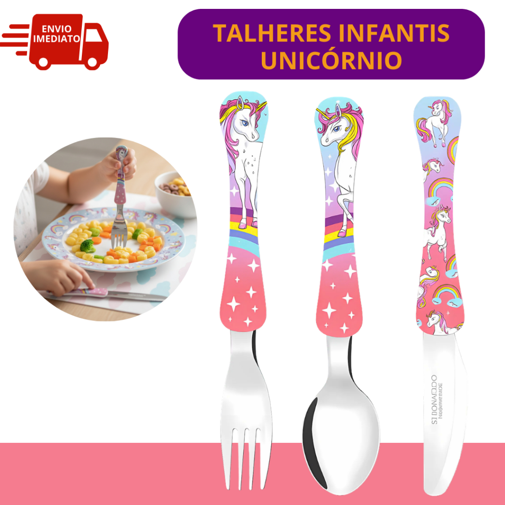 Kit Talheres Volta as Aulas Unicórnio Rosa 1 Colher + 1 Faca + 1 Garfo Kit 3 Talher Infantis Lancheira em Oferta na Shopee