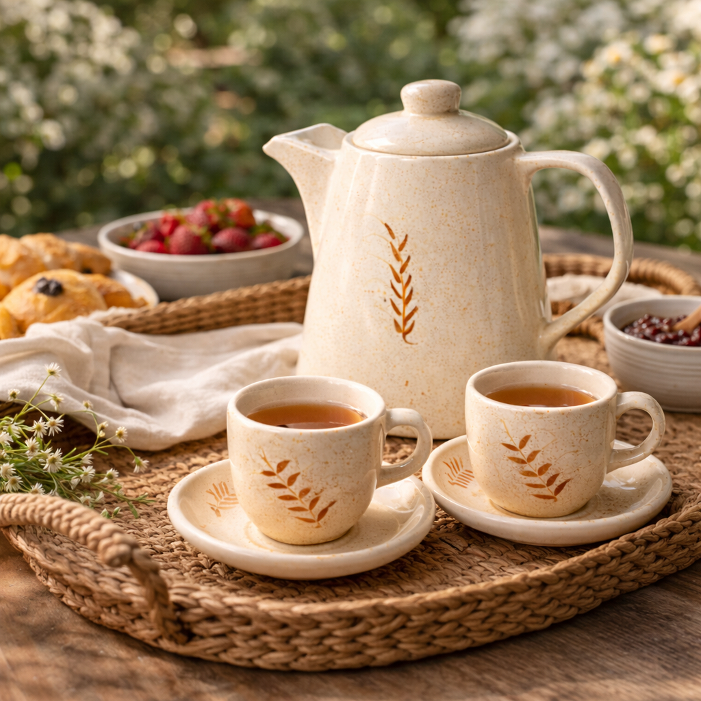 Jogo de Chá em Cerâmica com Bule e Xícaras | Mesa Posta | Cozinha Café | Estilo Vintage