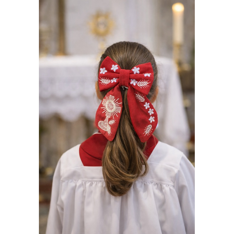 Laço de cabelo bordado Ostensório coroinha igreja primeira comunhão em Oferta na Shopee