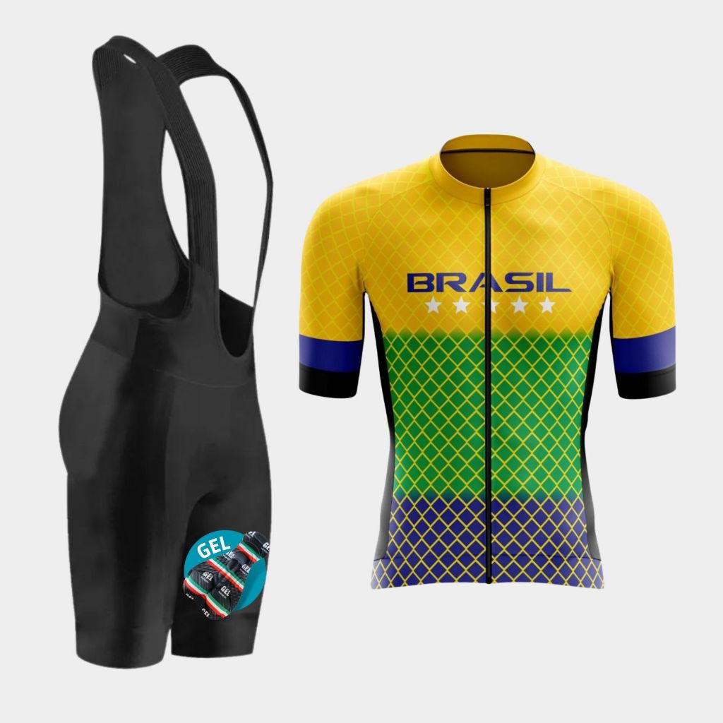 Conjunto Ciclismo Masculino Roupa Camisa Ziper Total Bretelle Acolchoado Gel Bike Pedalar Speed