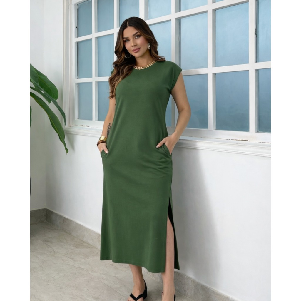 Vestido Midi Feminino Básico Casual Algodão Premium Elastano Confortável P ao G1