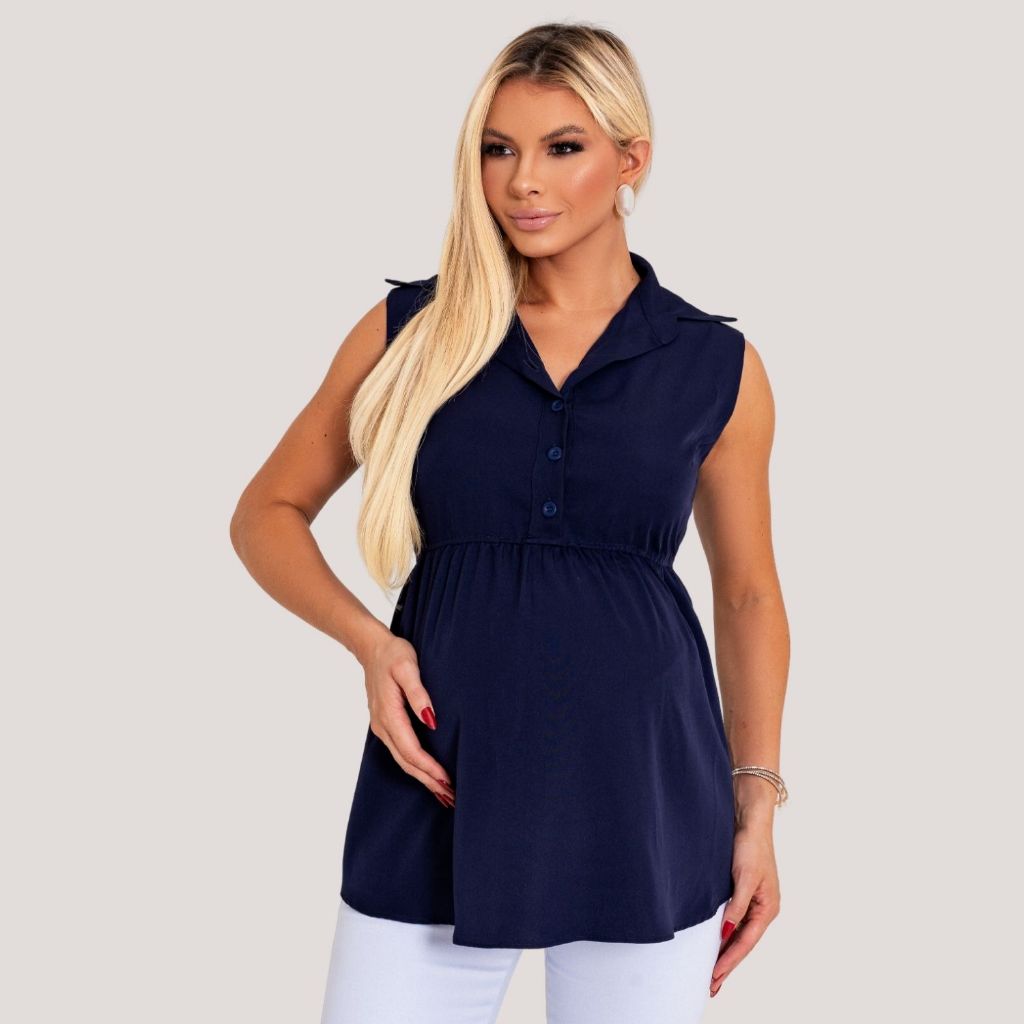 Blusa Gestante com Botões para Amamentação Azul Marinho Cavada – Conforto e  Estilo