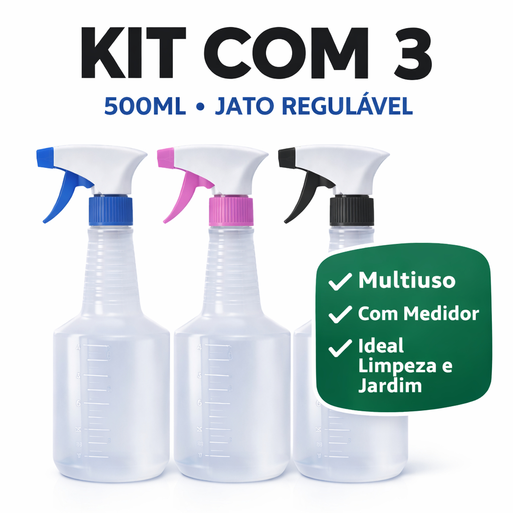 KIT 3 Borrifador Spray 500ml Multiuso com Medidor Jato Regulável Limpeza Jardim Profissional