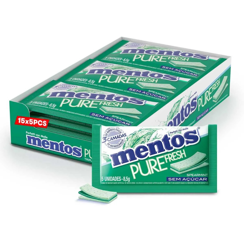 Chiclete Goma De Mascar Mentos Spearmint 15 Pacotes com 5 Unidades Cada Sem Açúcares