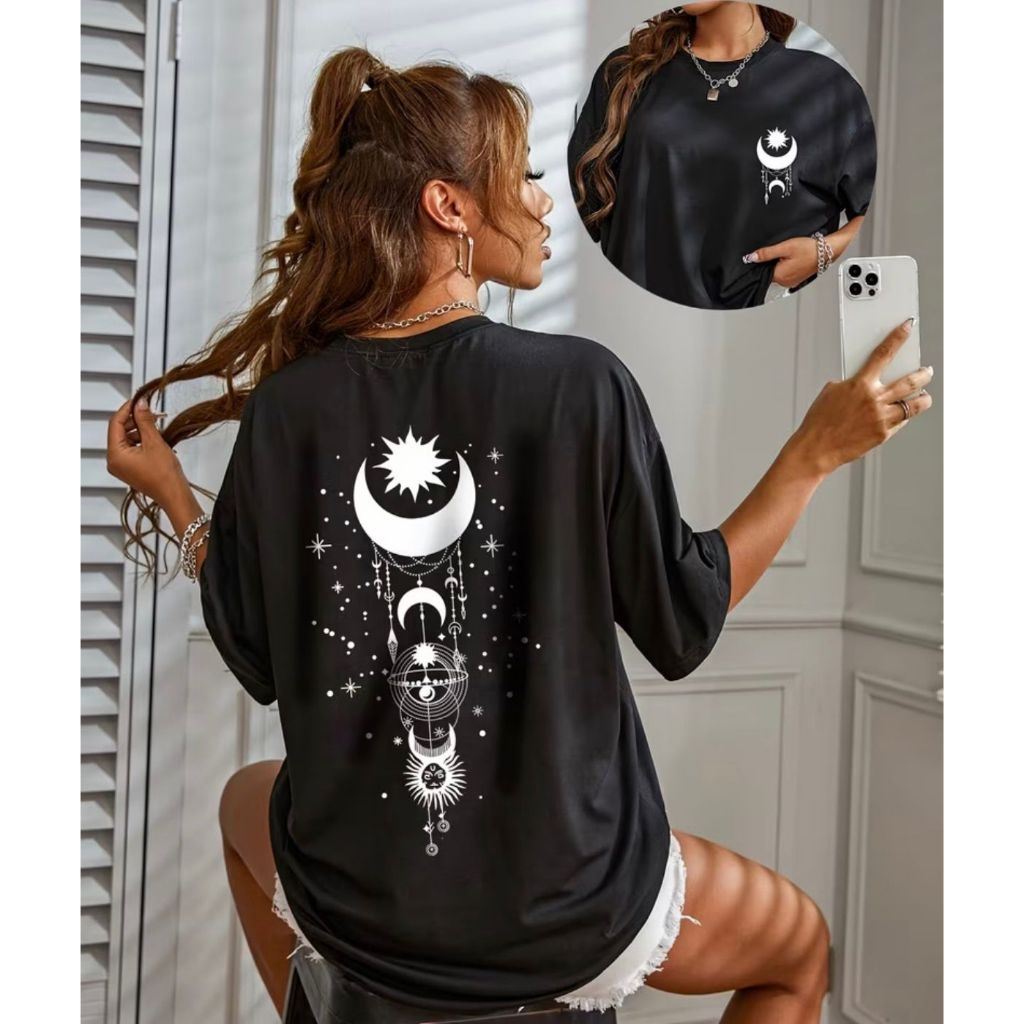 Blusa Feminina Preta Estampada Lua Estrela Vintage  100% Alg