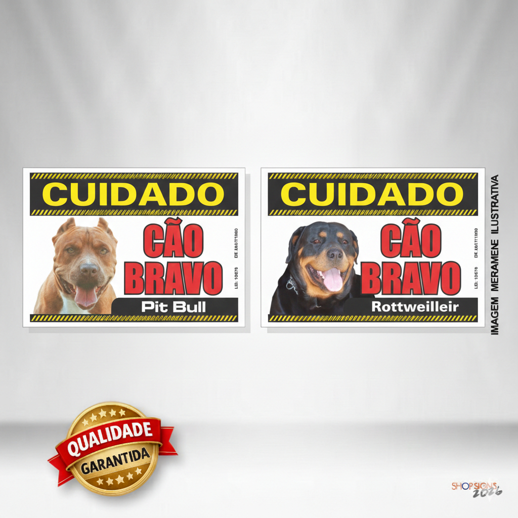 Kit 2 Placas Cão Bravo Pitbull + Rottweiler 20x30cm | Alta Durabilidade | Ideal para Portão, Muro e Casa