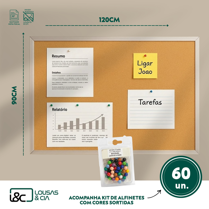 Quadro de Avisos 120x90cm Cortiça Moldura Alumínio + 60 Alfinetes Grátis em Oferta na Shopee