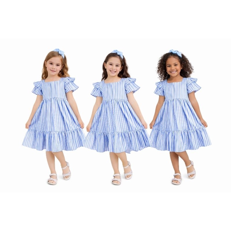 Vestido Infantil Feminino Listrado Azul e Branco 100% Algodão – Manga Babado Midi Moda Verão