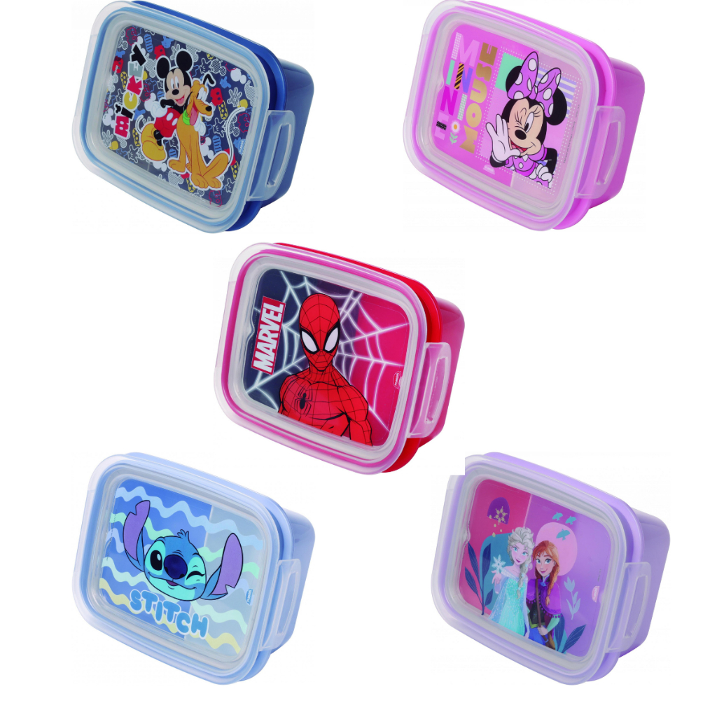 Marmita Lancheira Infantil com Divisória e Trava 630ml Homem Aranha, Mickey, Minnie, Stitch e Frozen