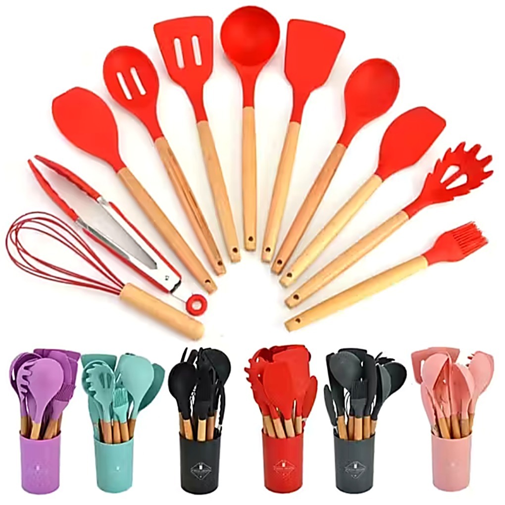 Kit 12 Utensílios de Cozinha Silicone e Madeira – Não Risca Panela, Resistente Calor e Livre de BPA.