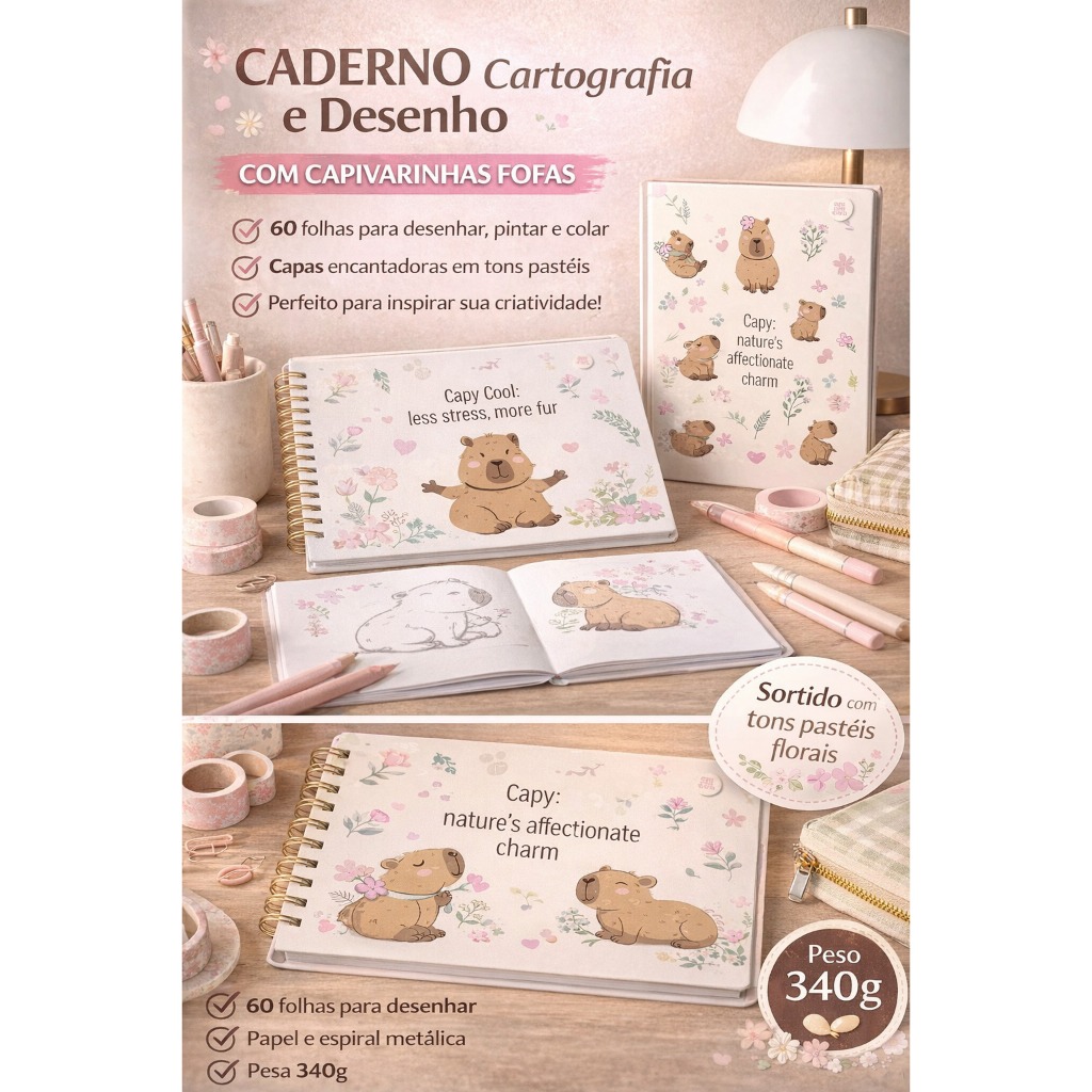 Caderno Desenho Cartografia  Planejamento Criativo Artístico Capivara Sortido Escola Faculdade 60 Folhas