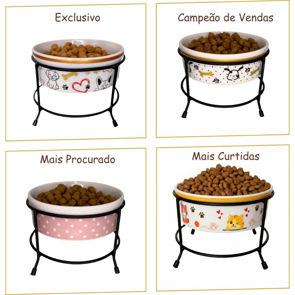 Comedouro Elevado para Cachorro e Gato 600ml Porcelana com Suporte de Ferro Antiderrapante Luxo Pet