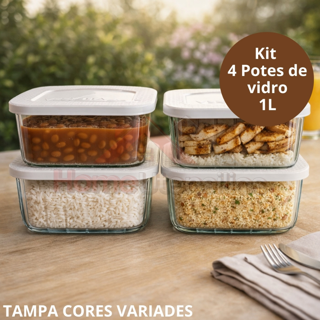 Kit 4 Potes Tigela de vidro Retangular 1Litro Tampa Plastica em Oferta na Shopee