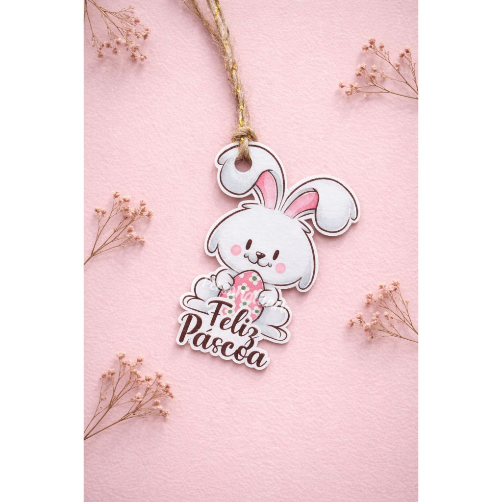 Tag Feliz Páscoa personalizada delicada formato coelho tamanho 5,9x4,1cm para lembrancinhas, páscoa, mimos em Oferta na Shopee