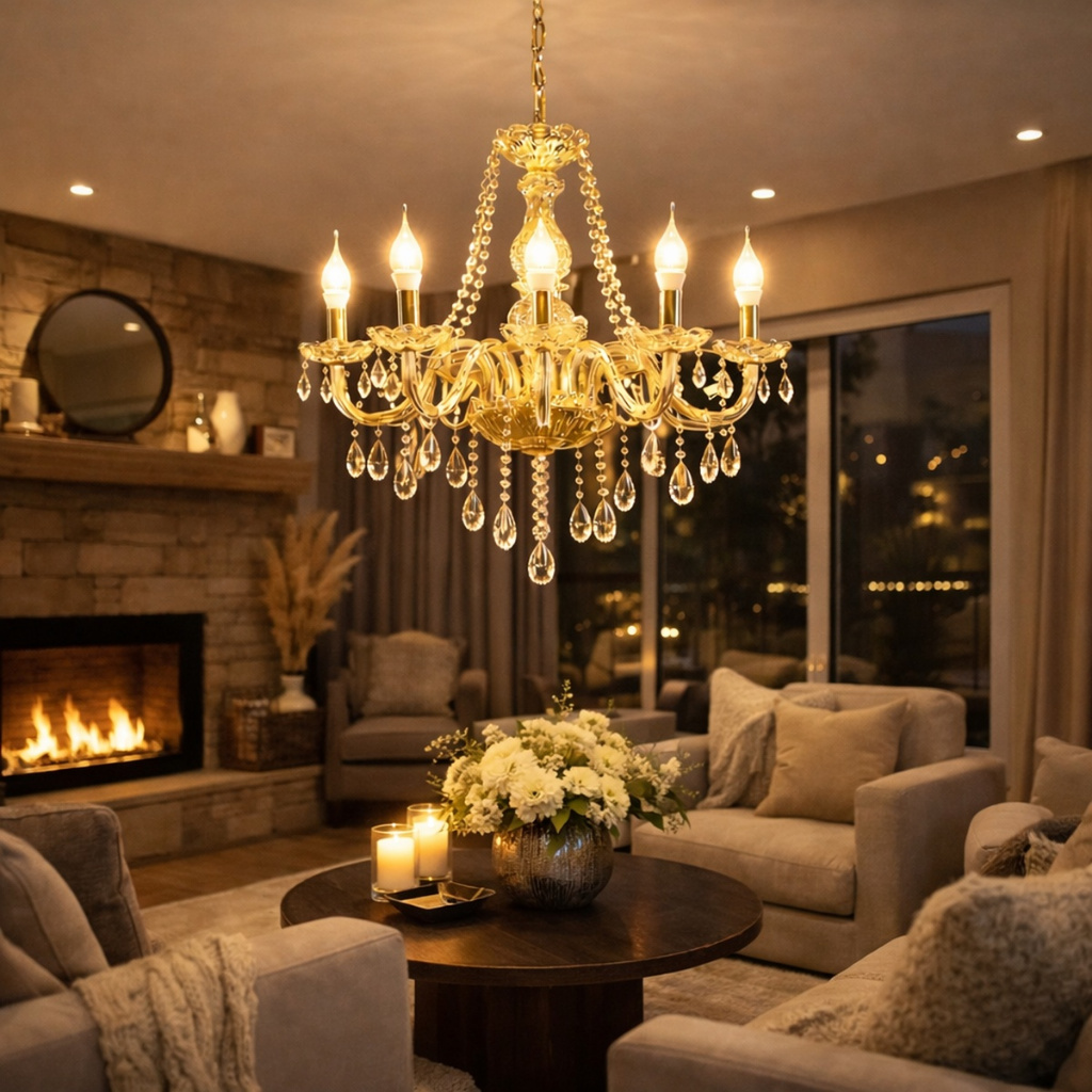 Lustre De Cristal Luminária Luxuoso Ambar Com 06 Braços em Oferta na Shopee