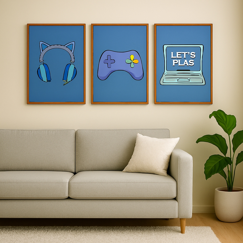 Quadro Decorativo Gamer Kit 3 Posters Headset  orelhas de gato Controle videogame Laptop Let's Play