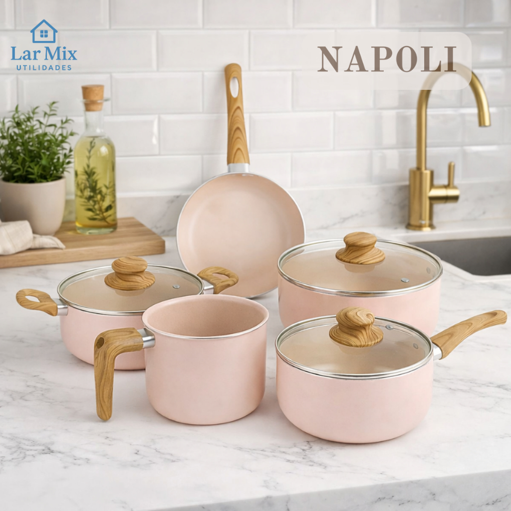 Imagem Jogo de Panelas Cerâmica 5 Peças Antiaderente Tampa de Vidro Napoli Pequim Alta Qualidade Premium