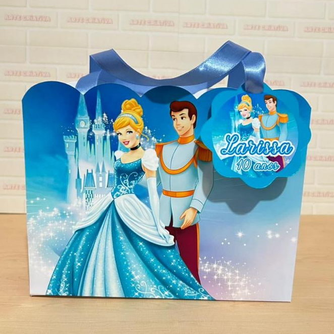 Lembrancinha Personalizada Sacolinha Ondas Grande com Tag Cinderela e o Principe PEGUE E MONTE