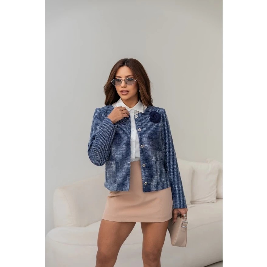 Casaco Blazer Feminino Blusa Tweed de Botoes Moda Elegante Princesa Broche de Rosa Removivel