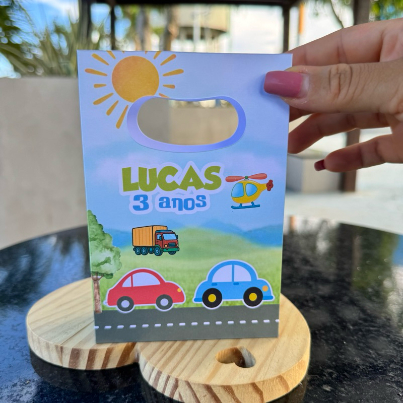 sacolinha personalizada carrinhos transporte  - PEGUE E MONTE - festa infantil - lembrancinha