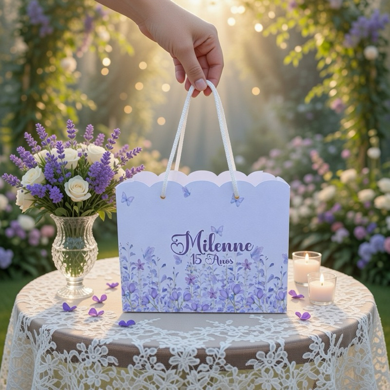 sacolinha personalizada jardim encantado lilas/ lembrancinha/mimoaniversario jardimde borboleta lilas/ pegue e monte
