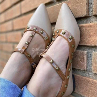 Sapatilha Feminina, Bico Fino, Confortável, Estilosa, Com Spike, Detalhes, Elegante, Sapatilha Nude em Oferta na Shopee